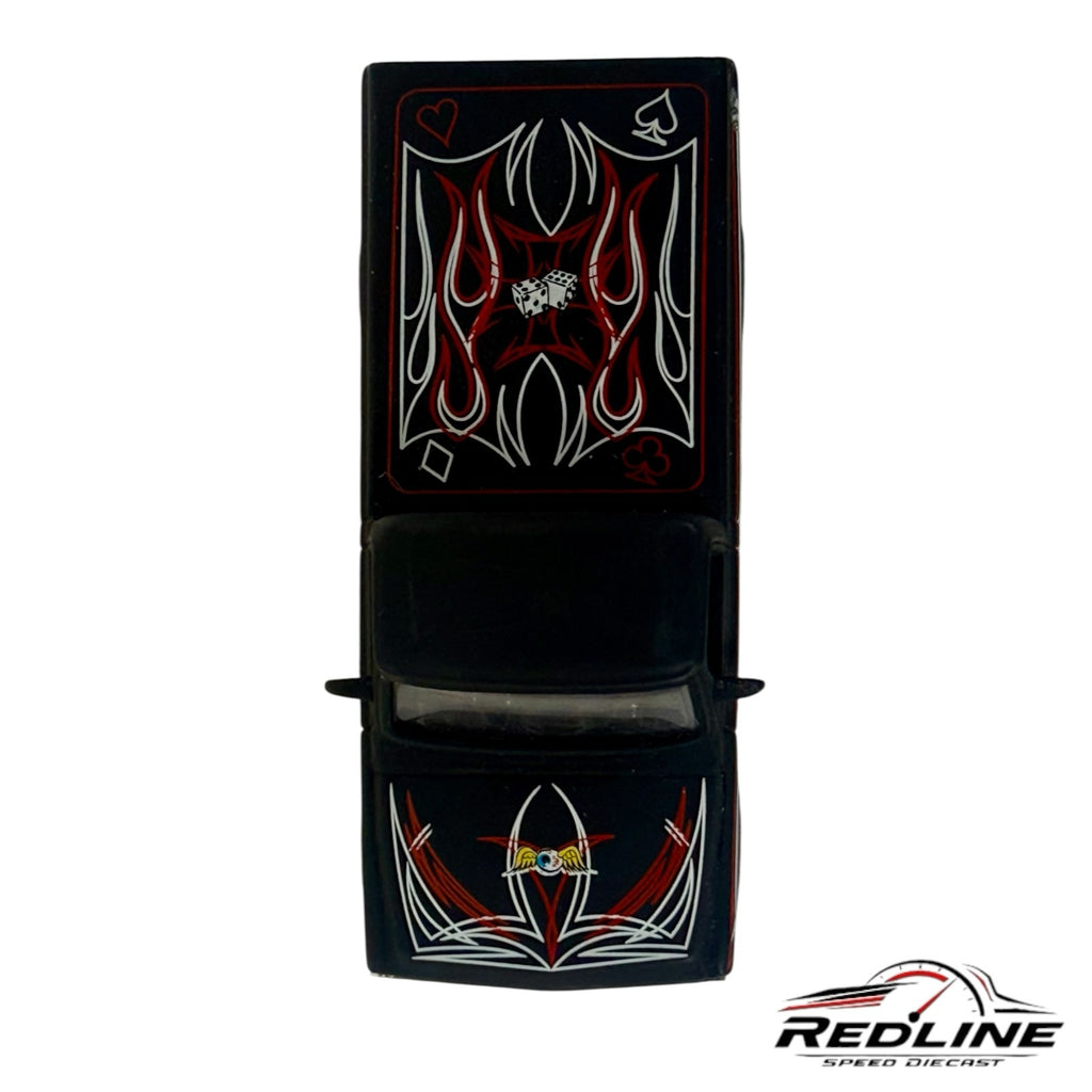 Redline Speed Diecast 1:64 scale matte black Chevrolet Cheyenne pickup with red pinstriping and Von Dutch eyeball logo