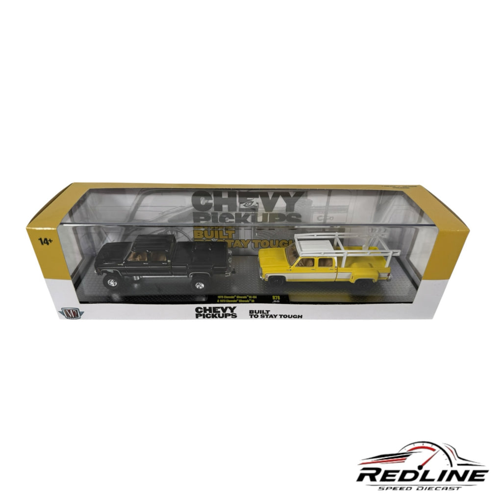 Redline Speed Diecast M2 Machines 1:64 scale black and yellow Chevy pickup truck set in collector window box