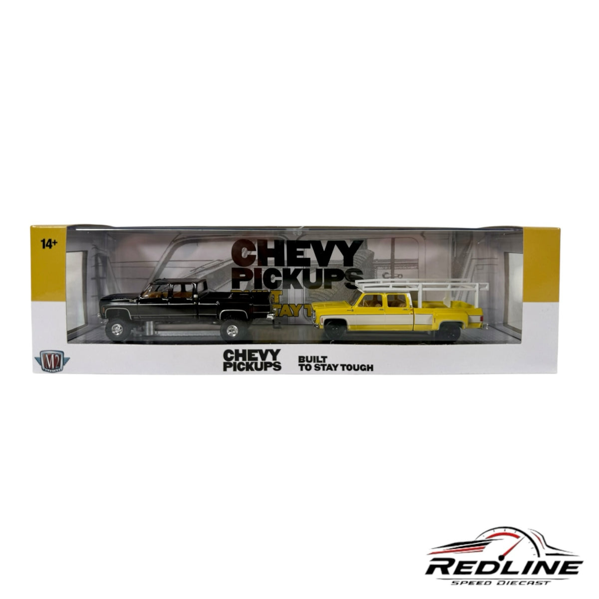 Redline Speed Diecast M2 Machines 1:64 scale Chevy pickup truck set featuring a black and a yellow 1970s Chevrolet