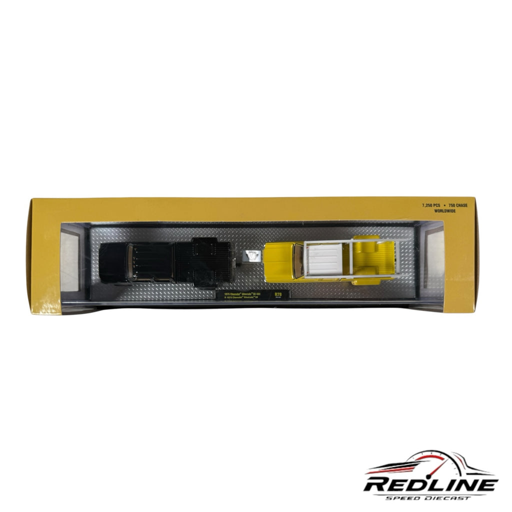 Redline Speed Diecast M2 Machines 1:64 scale black and yellow Chevy pickup truck set in a collector window box.