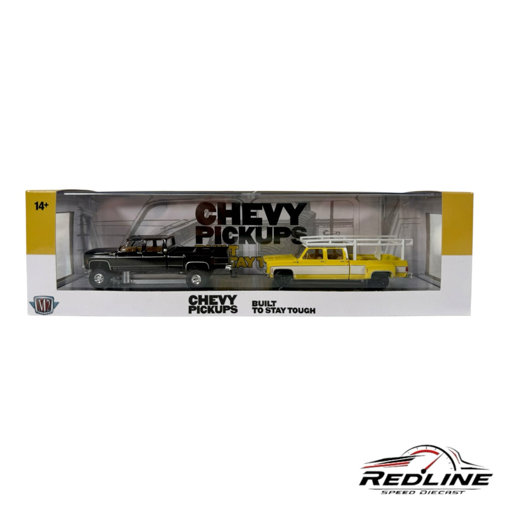 Redline Speed Diecast M2 Machines Chevy pickup truck set featuring a black 1975 Silverado and yellow 1973 Silverado.
