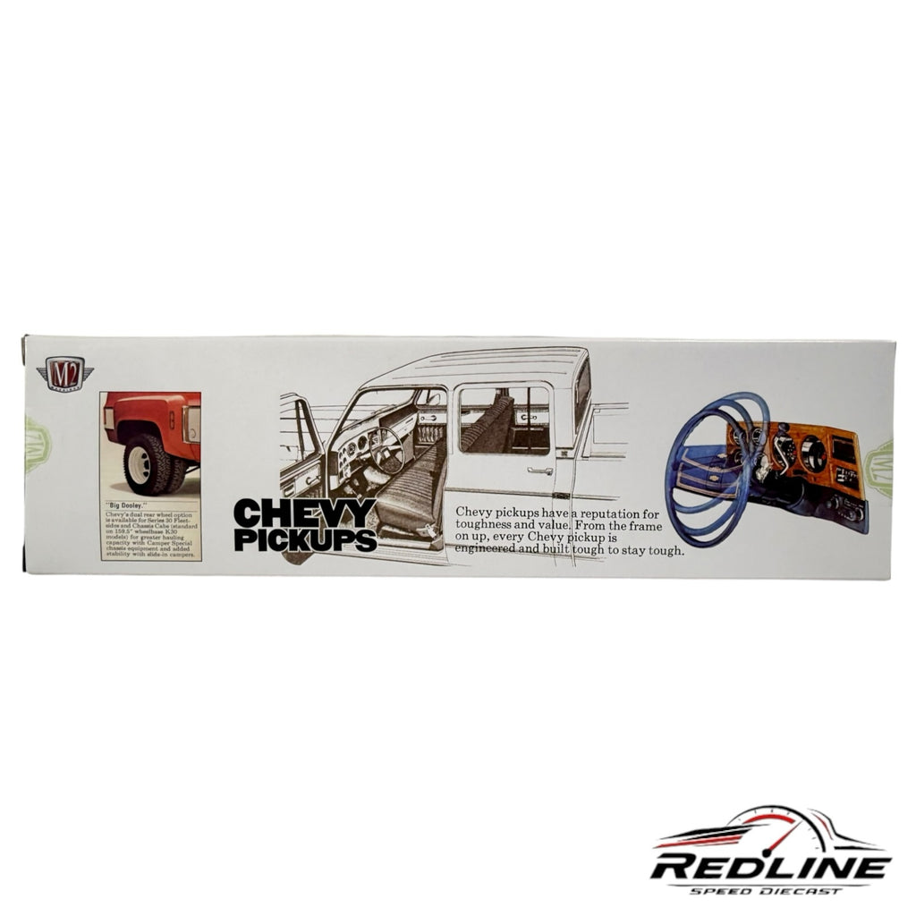 Redline Speed Diecast packaging box for M2 Machines Chevy Pickups featuring truck interior and technical illustrations