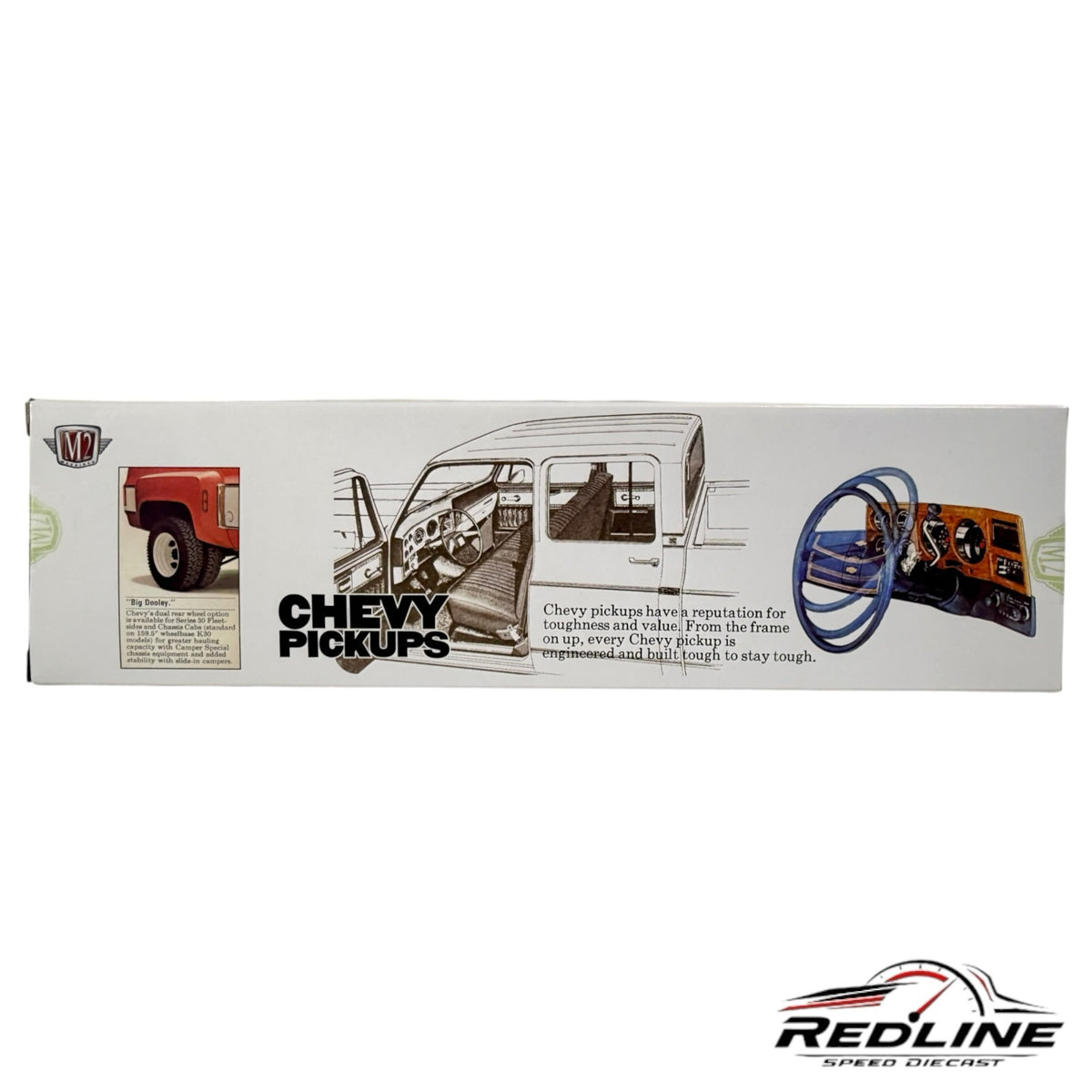 Redline Speed Diecast packaging box for M2 Machines Chevy Pickups featuring truck interior and technical illustrations