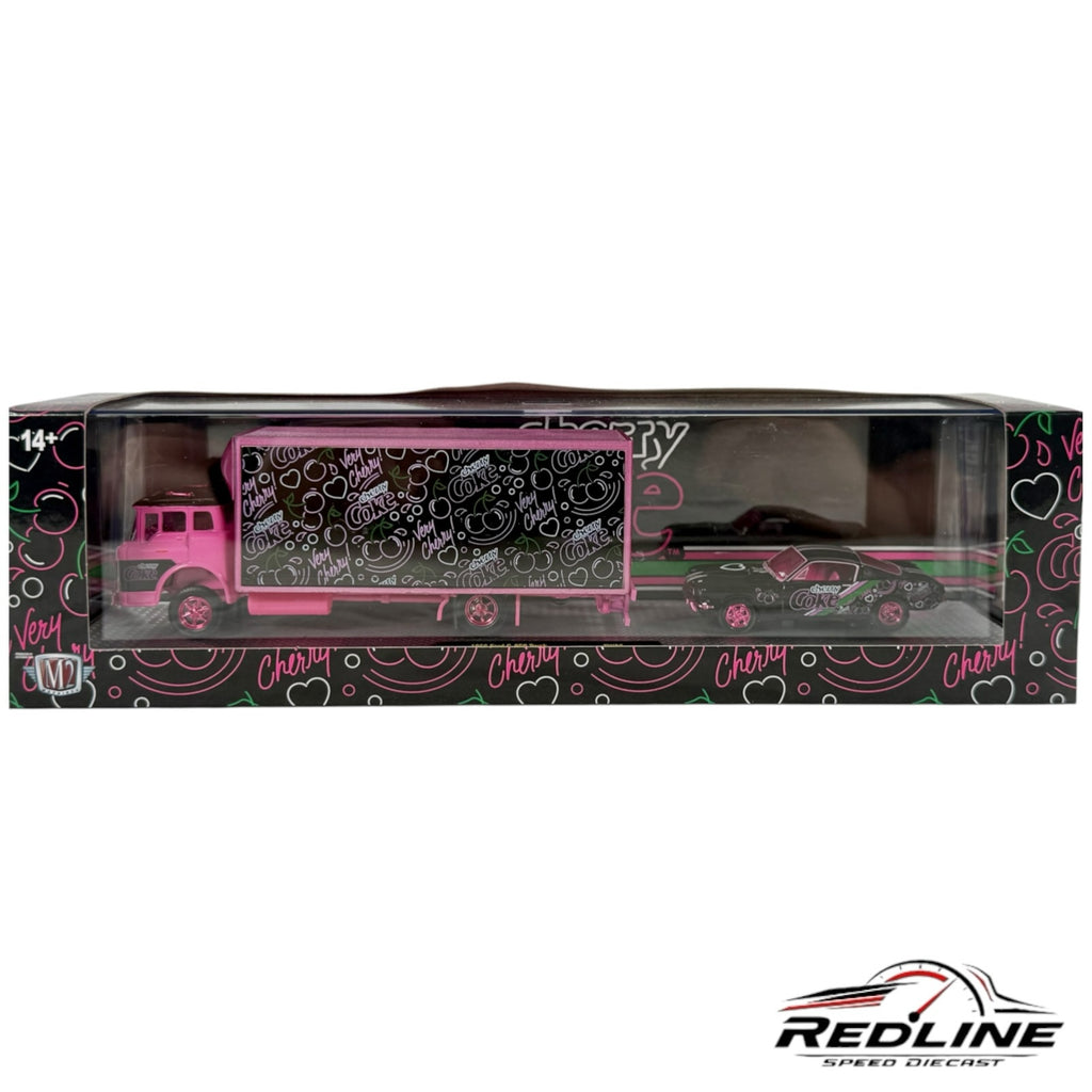 Redline Speed Diecast M2 Machines Coca-Cola Cherry 1965 Ford truck and Mustang set in black and pink packaging