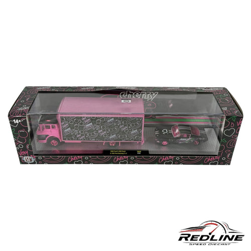 Redline Speed Diecast M2 Machines Coca-Cola Cherry 1965 Ford truck and Mustang set in black and pink packaging.