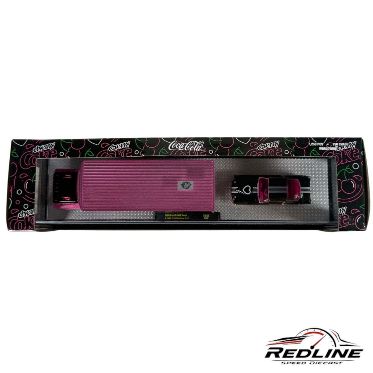 Redline Speed Diecast M2 Machines Coca-Cola Cherry 1965 Ford truck and Mustang set in black and pink packaging