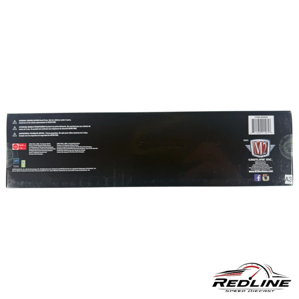 Redline Speed Diecast packaging box for Coca-Cola Chevrolet Cheyenne truck set with branding and safety information