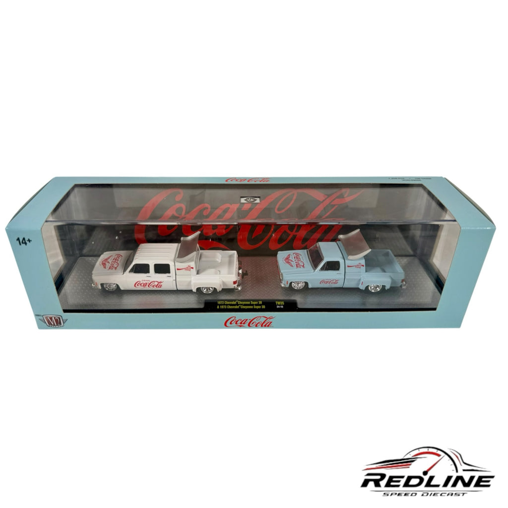 Redline Speed Diecast 1:64 scale Coca-Cola 1973 Chevrolet Cheyenne Super 30 truck set in white and light blue