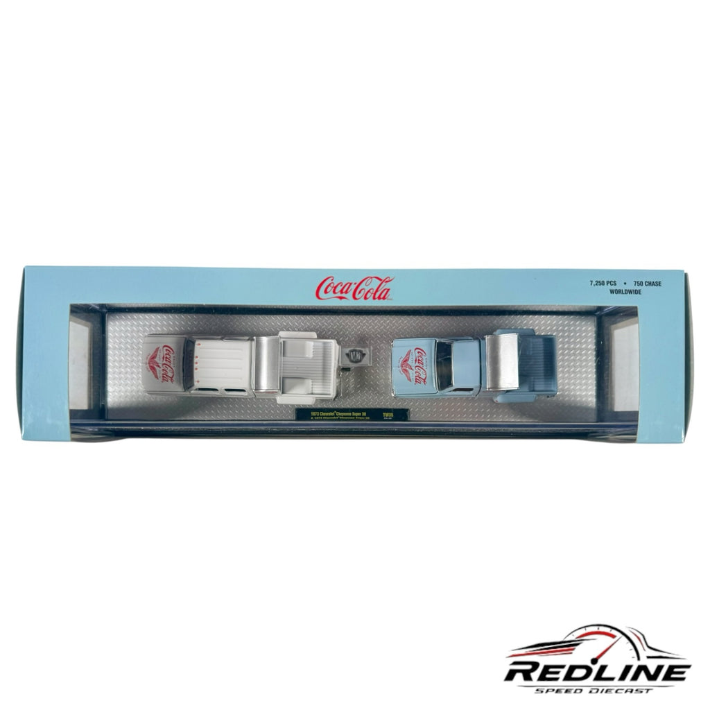 Redline Speed Diecast Coca-Cola 1973 Chevrolet Cheyenne Super 30 truck set in white and light blue in display box