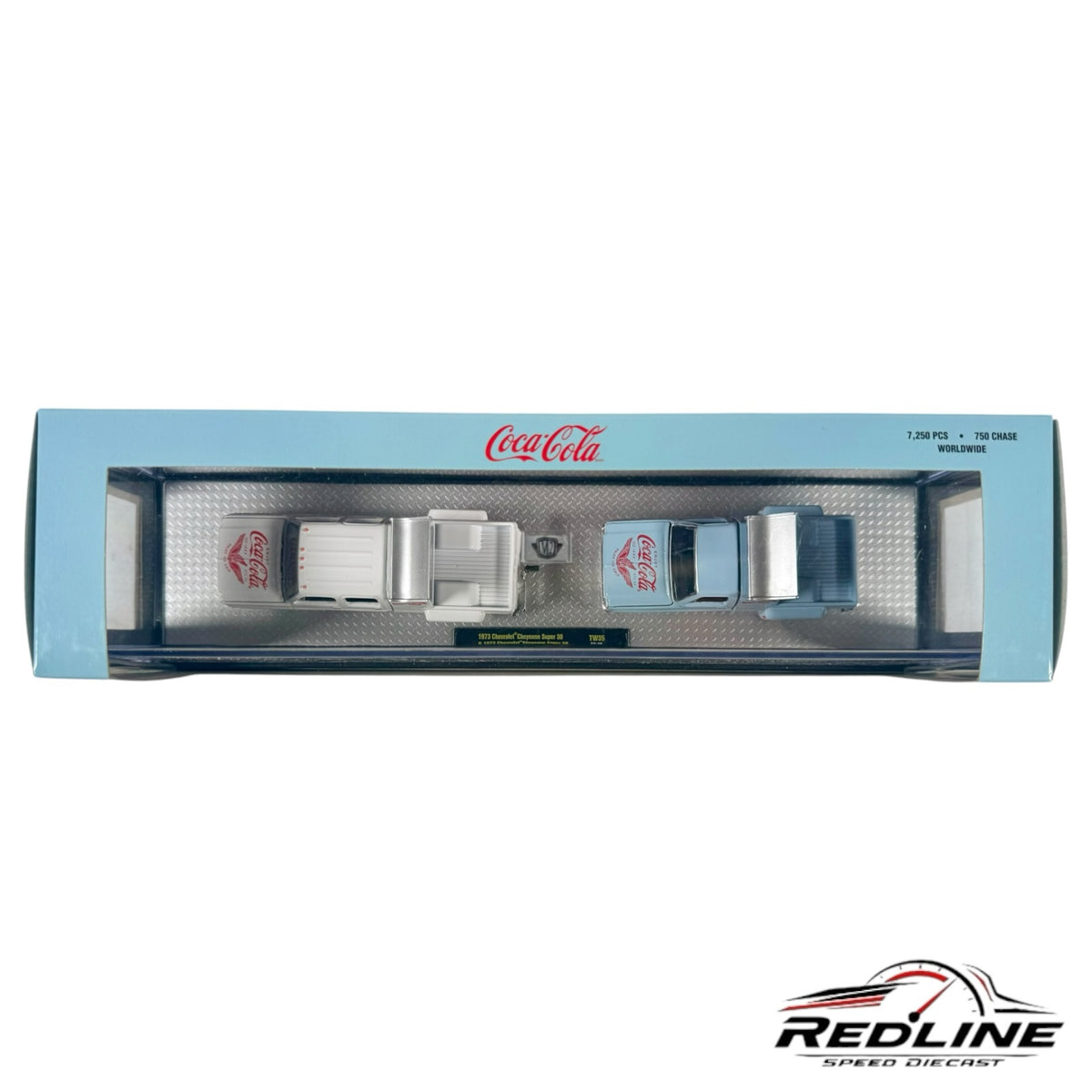 Redline Speed Diecast Coca-Cola 1973 Chevrolet Cheyenne Super 30 truck set in white and light blue in display box