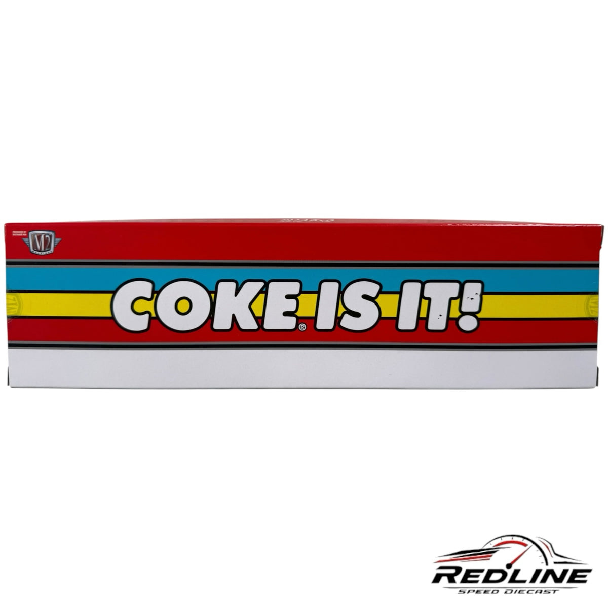 Redline Speed Diecast Coca-Cola collector box featuring the iconic Coke Is It! logo in red, white, and blue stripes.