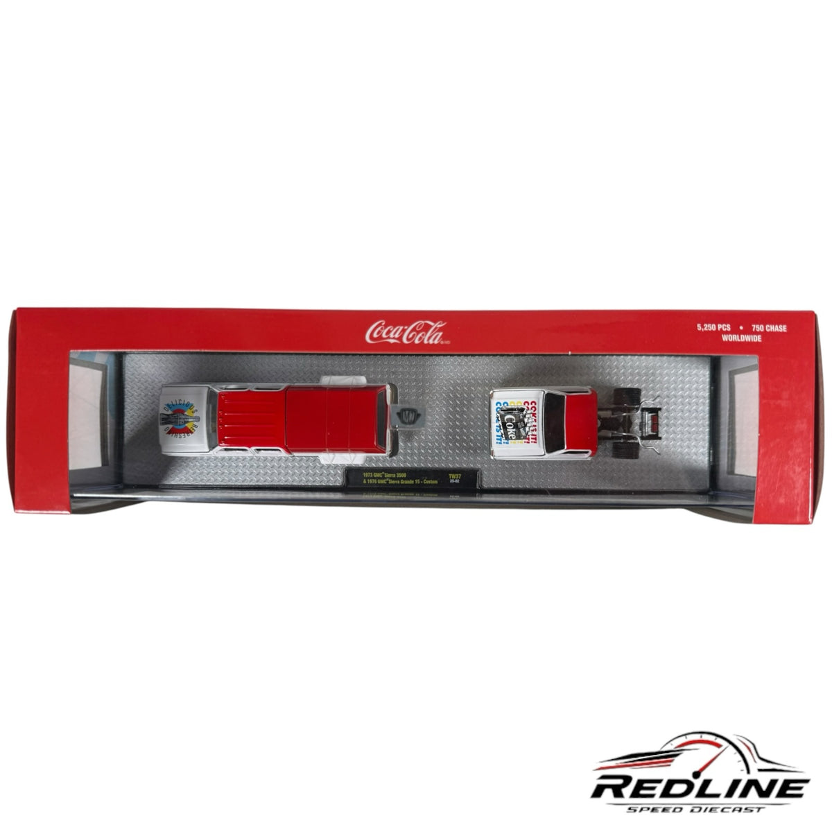 Redline Speed Diecast Coca-Cola set featuring 1973 and 1976 GMC Sierra trucks in red and white in a display box.