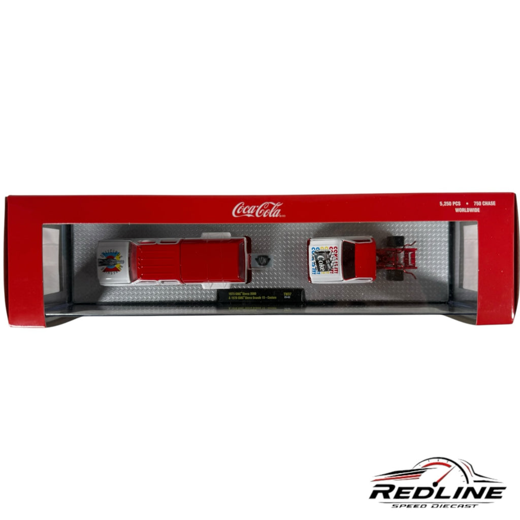 Redline Speed Diecast Coca-Cola set featuring a 1973 GMC Sierra 3500 and 1970 GMC Sierra Grande 15 in a display box.