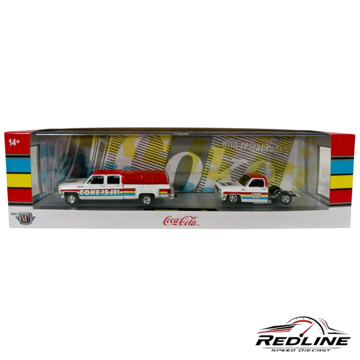 Redline Speed Diecast M2 Machines Coca-Cola 1973 and 1976 GMC truck set in red and white with Coke Is It livery