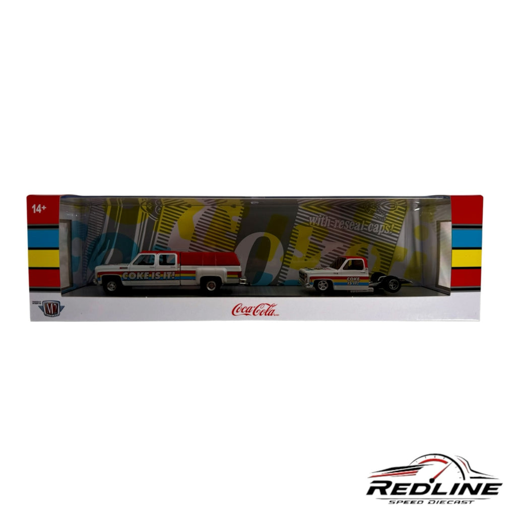 Redline Speed Diecast Coca-Cola 1:64 scale truck and trailer set in red and white with vintage branding in packaging