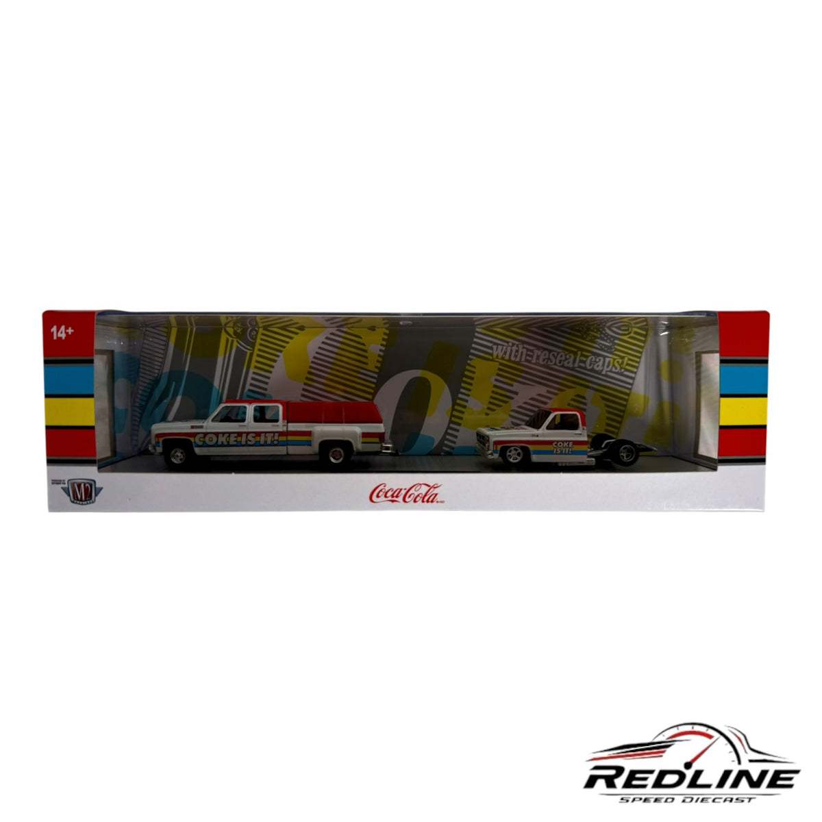 Redline Speed Diecast Coca-Cola 1:64 scale truck and trailer set in red and white with vintage branding in packaging