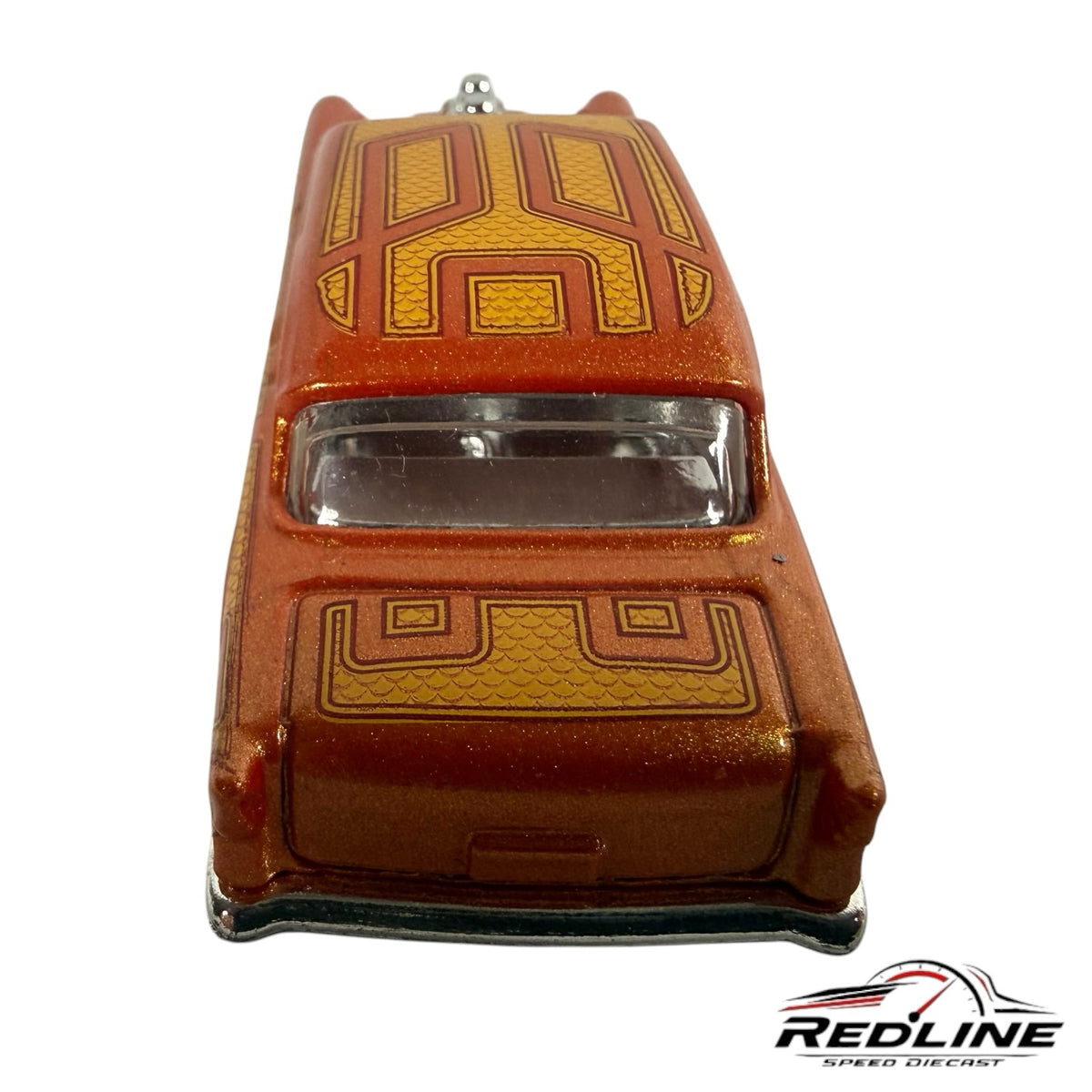 Redline Speed Diecast 1955 Chevy Bel Air Gasser in metallic copper-orange with gold geometric roof and trunk graphics.