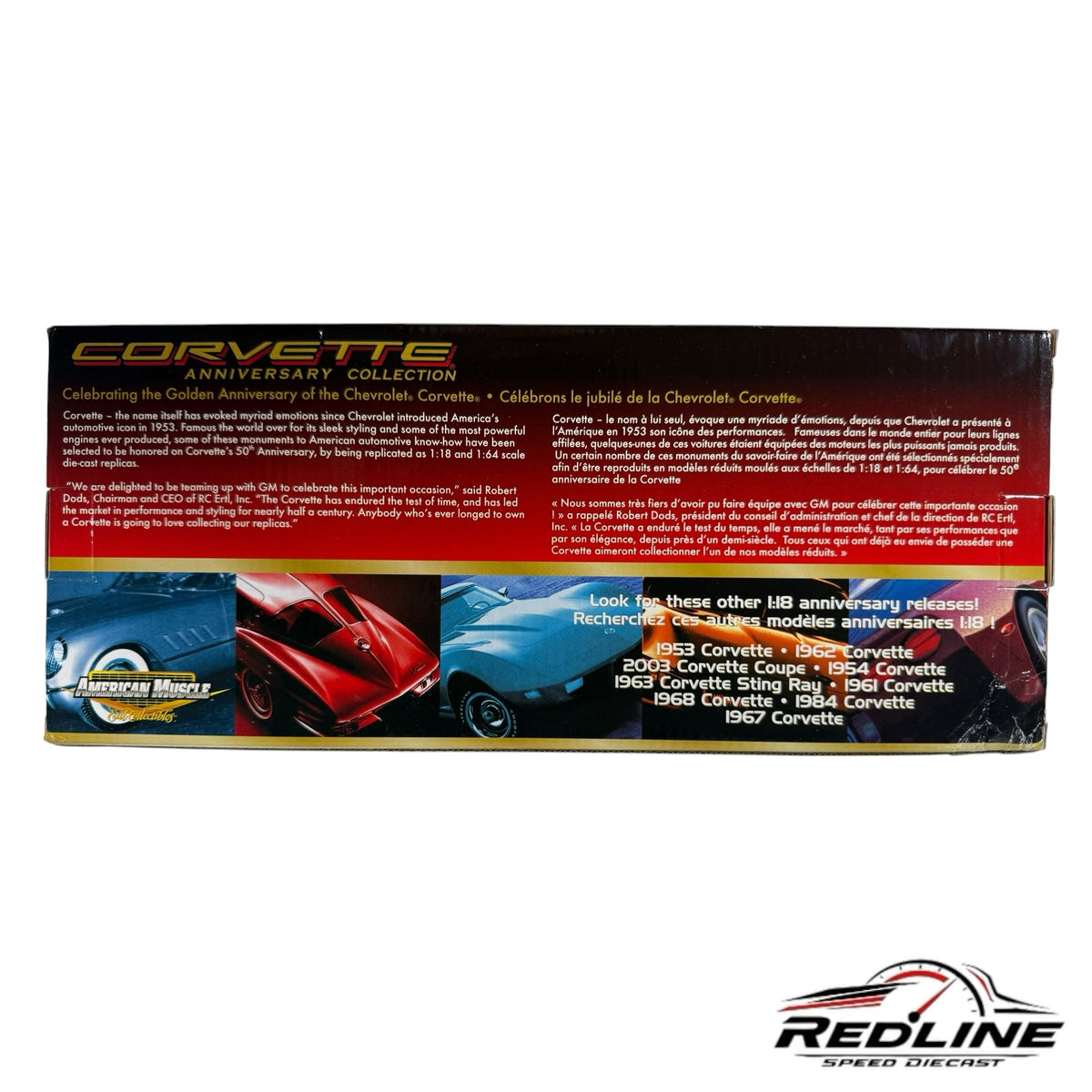 Redline Speed Diecast 1968 Corvette Coupe 50th Anniversary Collection box packaging with historical car imagery