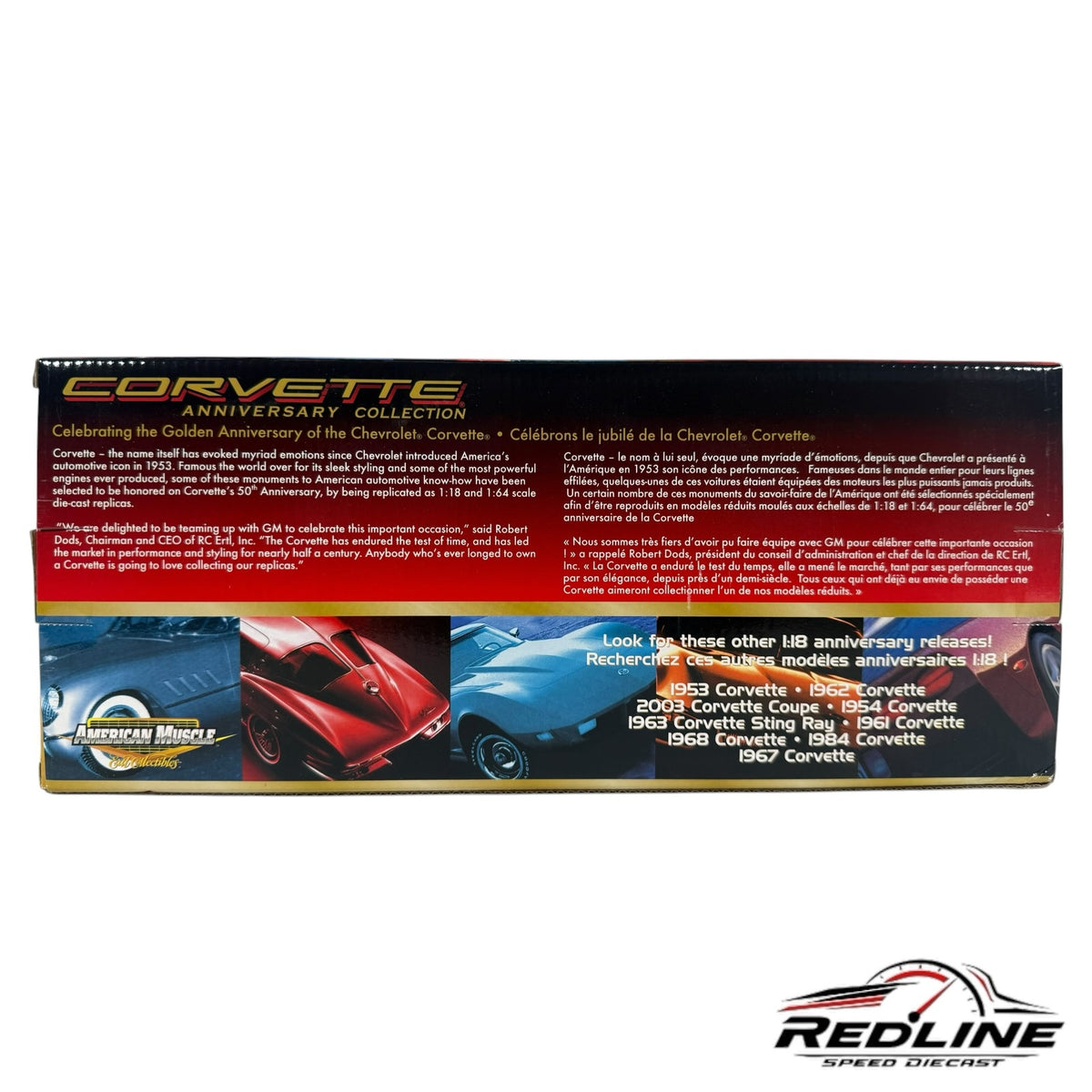 Redline Speed Diecast packaging box for the 50th Anniversary Corvette collection featuring historical car imagery
