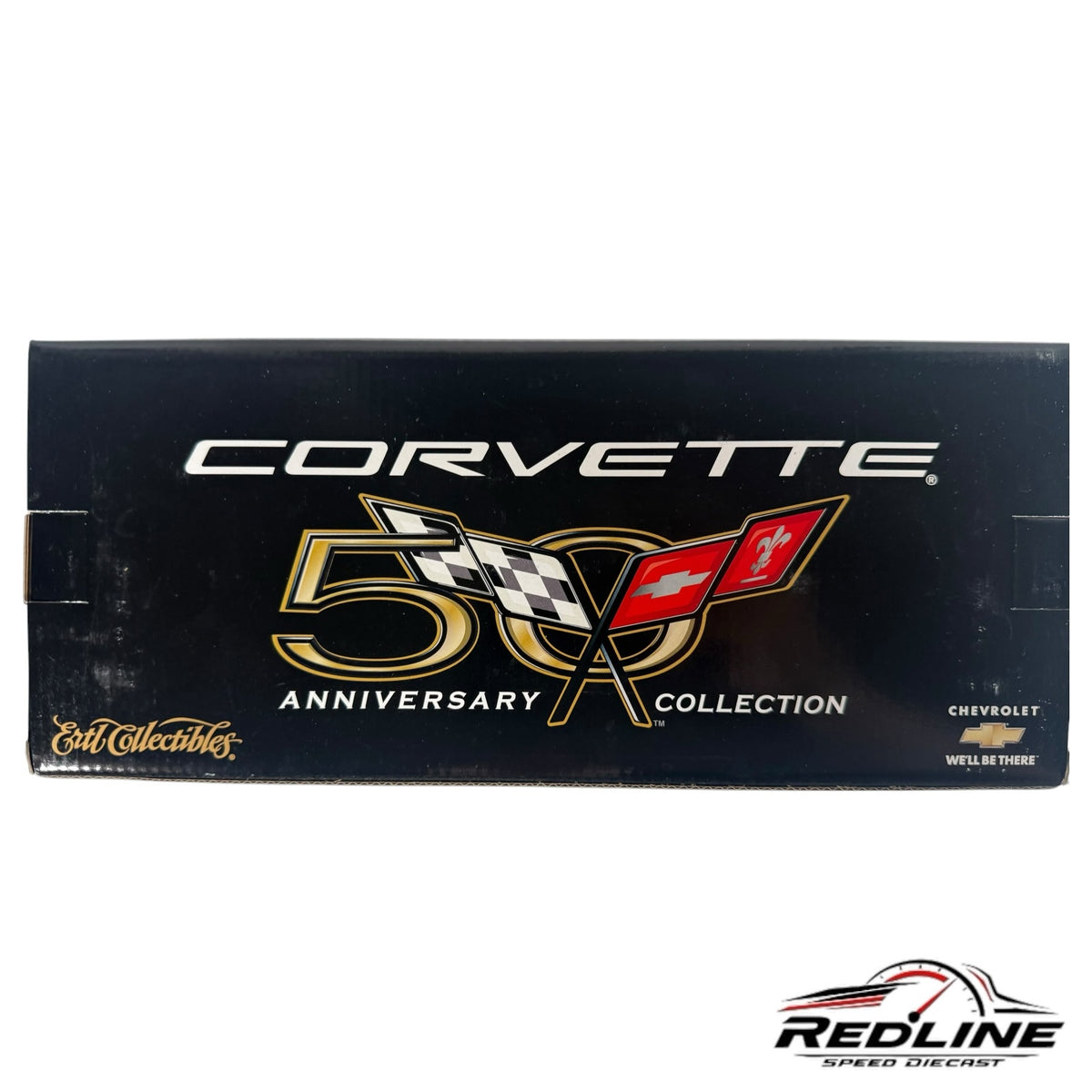 Redline Speed Diecast Ertl Collectibles 50th Anniversary Chevrolet Corvette model box with black and gold branding