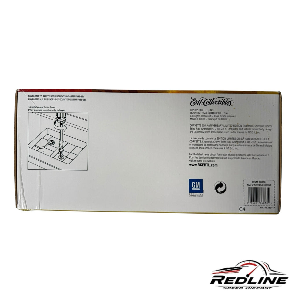 Redline Speed Diecast 1968 Corvette Coupe packaging box back with product information and safety instructions