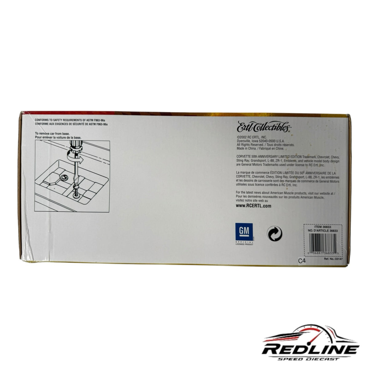Redline Speed Diecast 1968 Corvette Coupe packaging box back with product information and safety instructions
