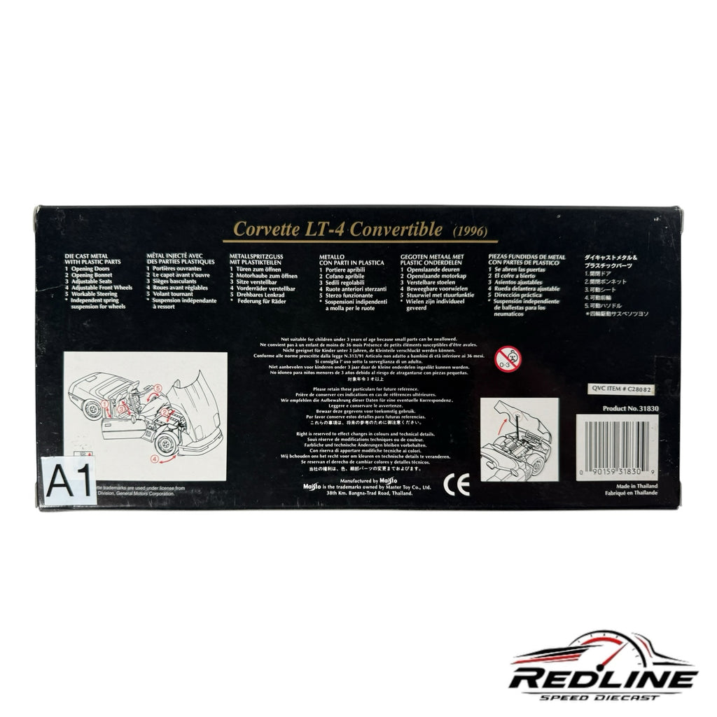 Redline Speed Diecast packaging box for 1996 Corvette LT-4 Convertible model with technical diagrams and features