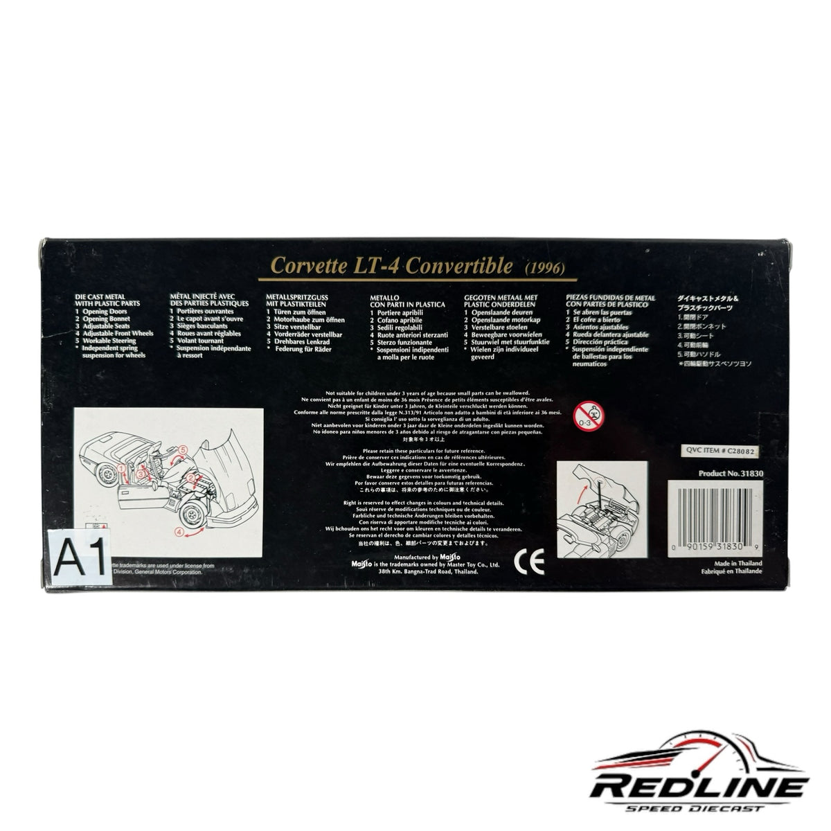 Redline Speed Diecast packaging box for 1996 Corvette LT-4 Convertible model with technical diagrams and features