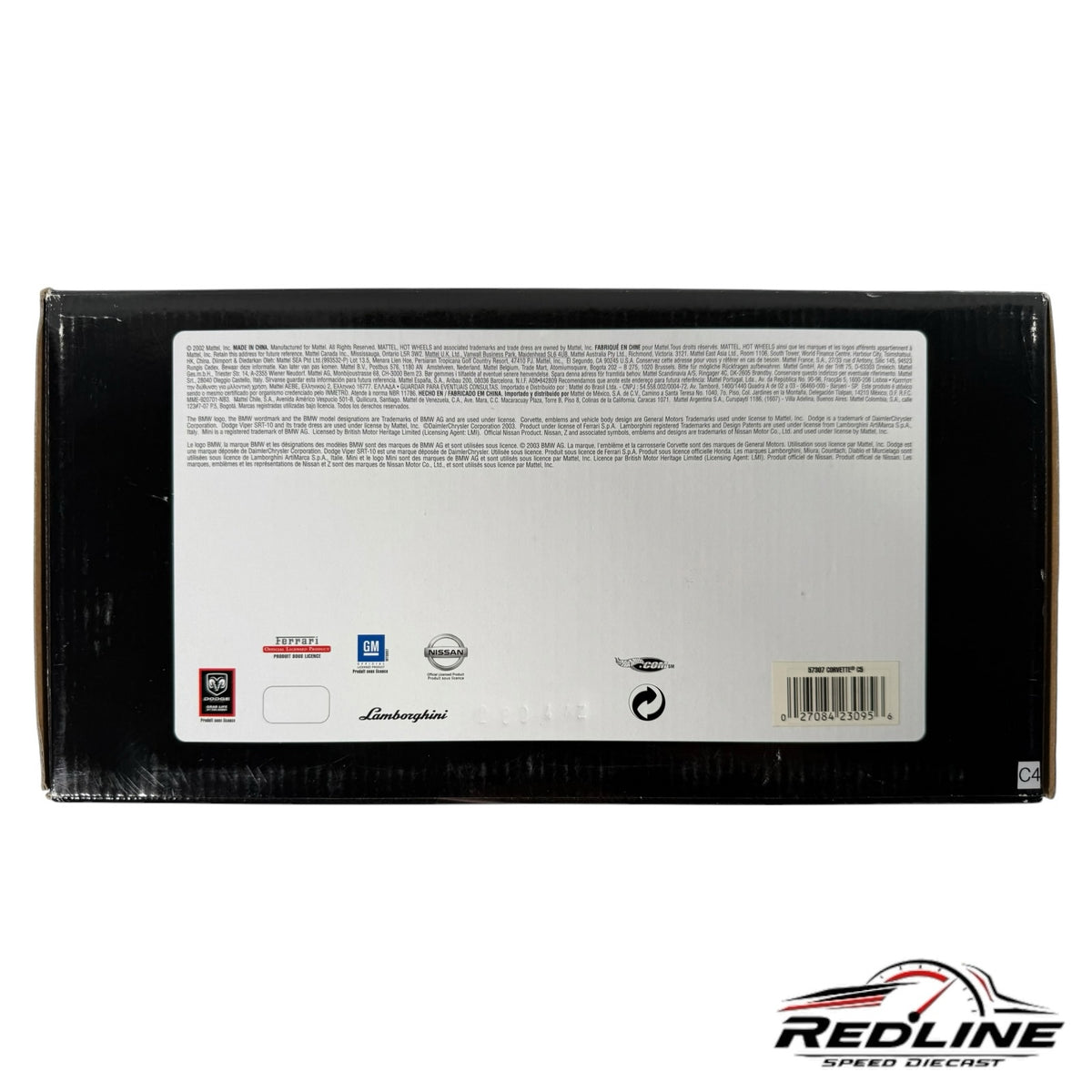 Redline Speed Diecast Hot Wheels Corvette C5 model vehicle packaging back view with official brand logos and barcode