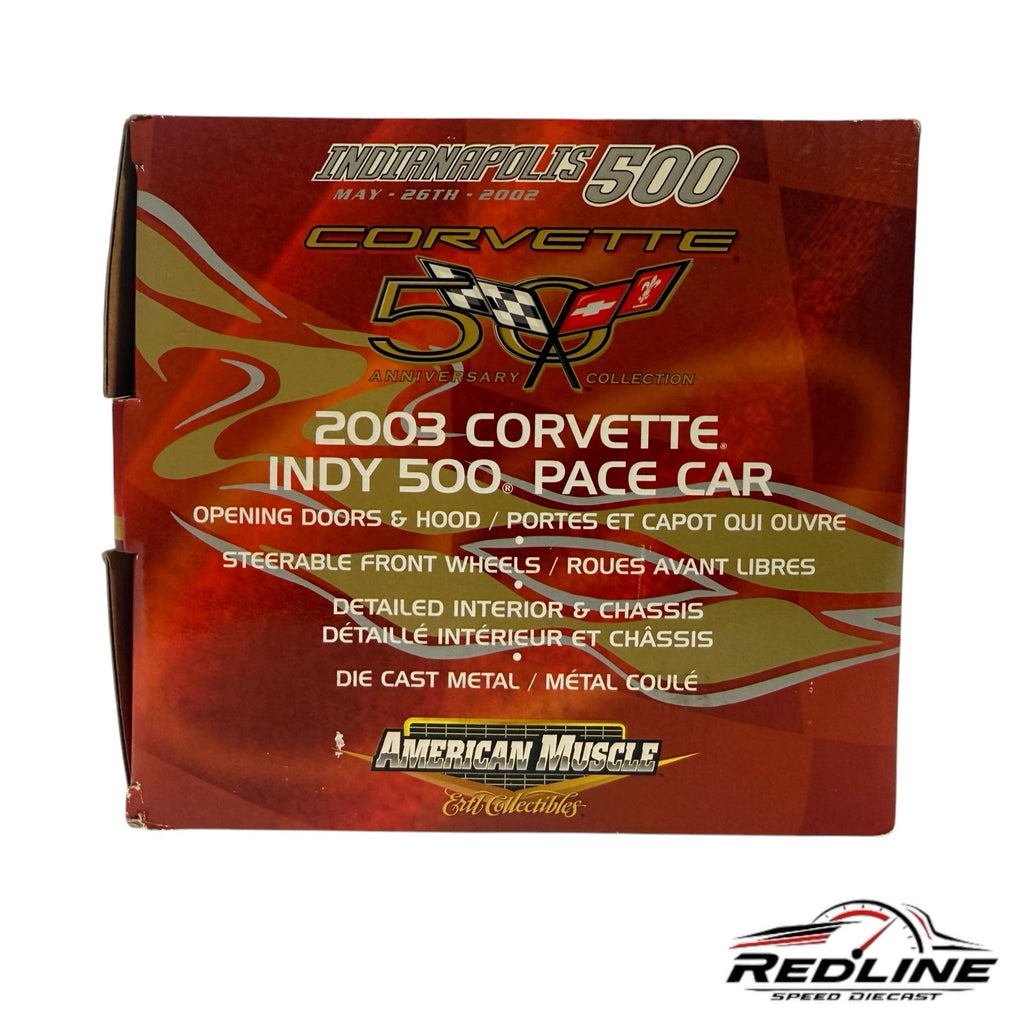 Redline Speed Diecast 2003 Chevrolet Corvette Indy 500 Pace Car model box with red anniversary graphics