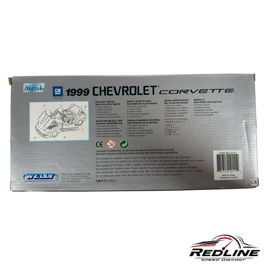 Redline Speed Diecast 1999 Chevrolet Corvette model box back showing product features and technical specifications