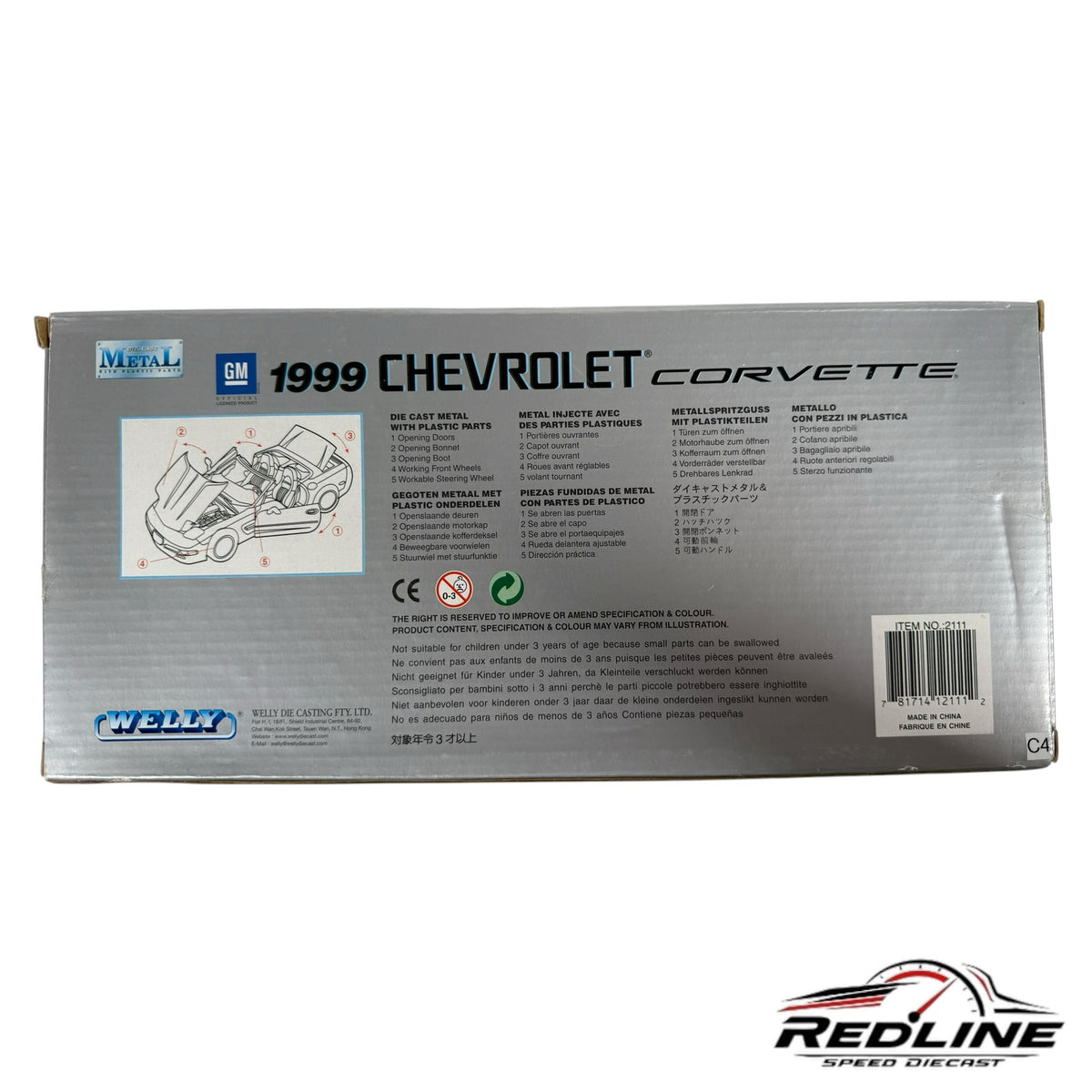 Redline Speed Diecast 1999 Chevrolet Corvette model box back showing product features and technical specifications