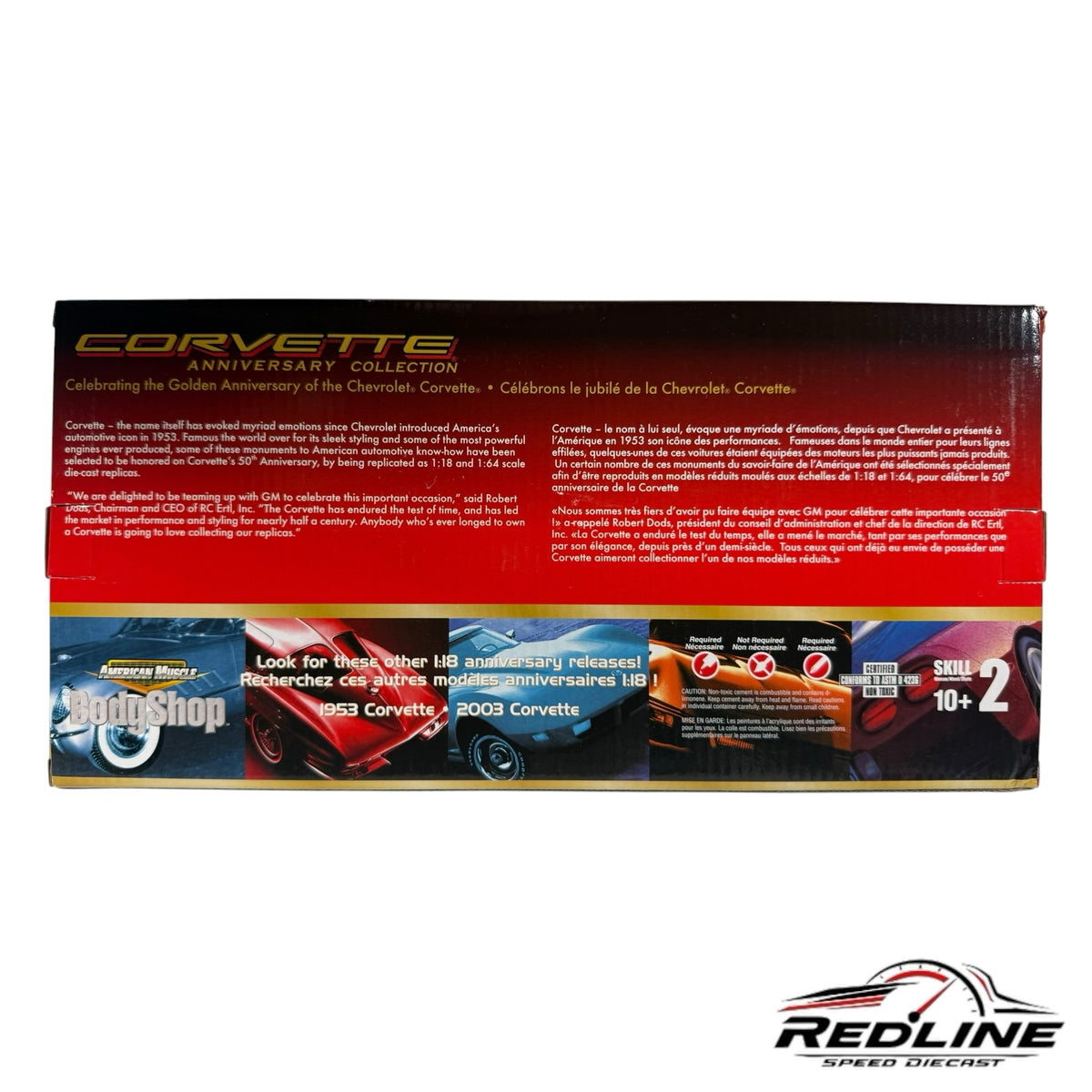 Redline Speed Diecast 2003 Corvette Coupe 50th Anniversary model kit box with detailed product information