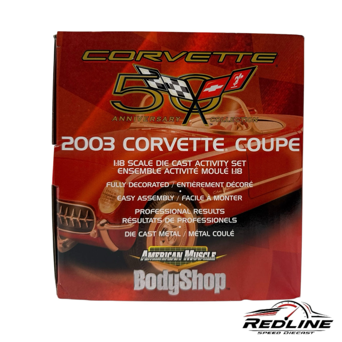 Redline Speed Diecast 1:18 scale 2003 Corvette Coupe 50th Anniversary model kit box in red and gold packaging.