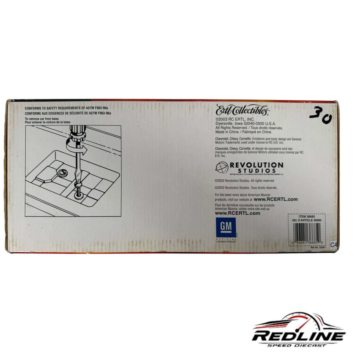 Redline Speed Diecast packaging box back showing assembly instructions for the 1998 Corvette model