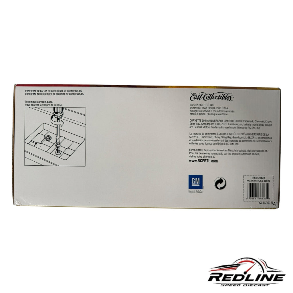Redline Speed Diecast packaging box for 50th Anniversary Corvette model showing assembly instructions and logos