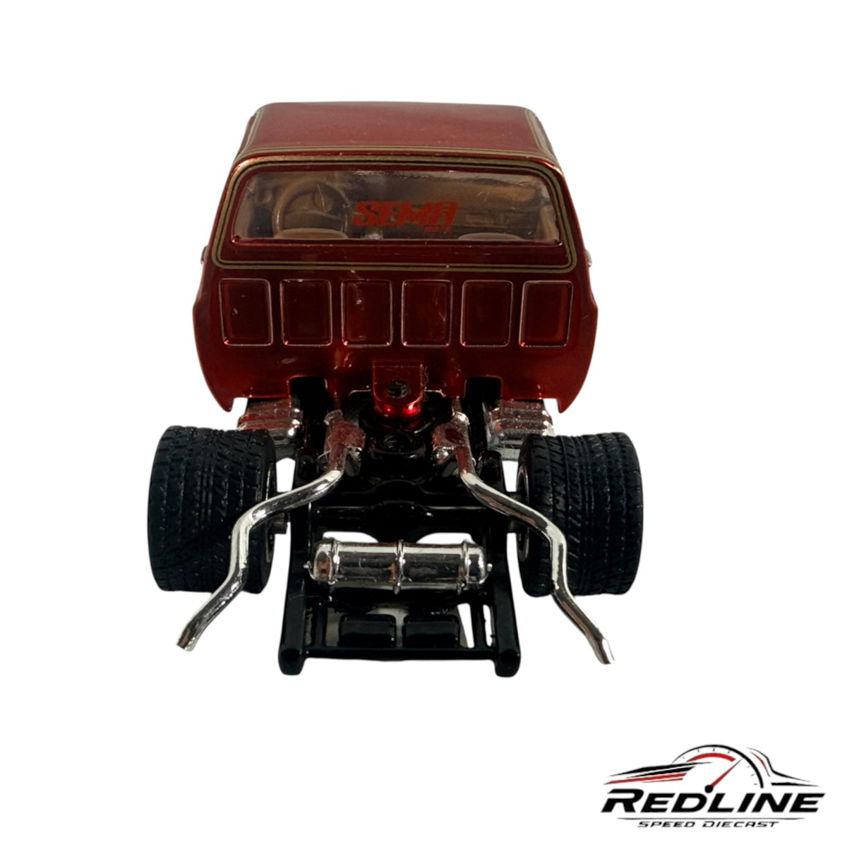 Redline Speed Diecast 1973 Chevrolet Cheyenne custom truck in deep red with gold pinstriping and exposed rear chassis.
