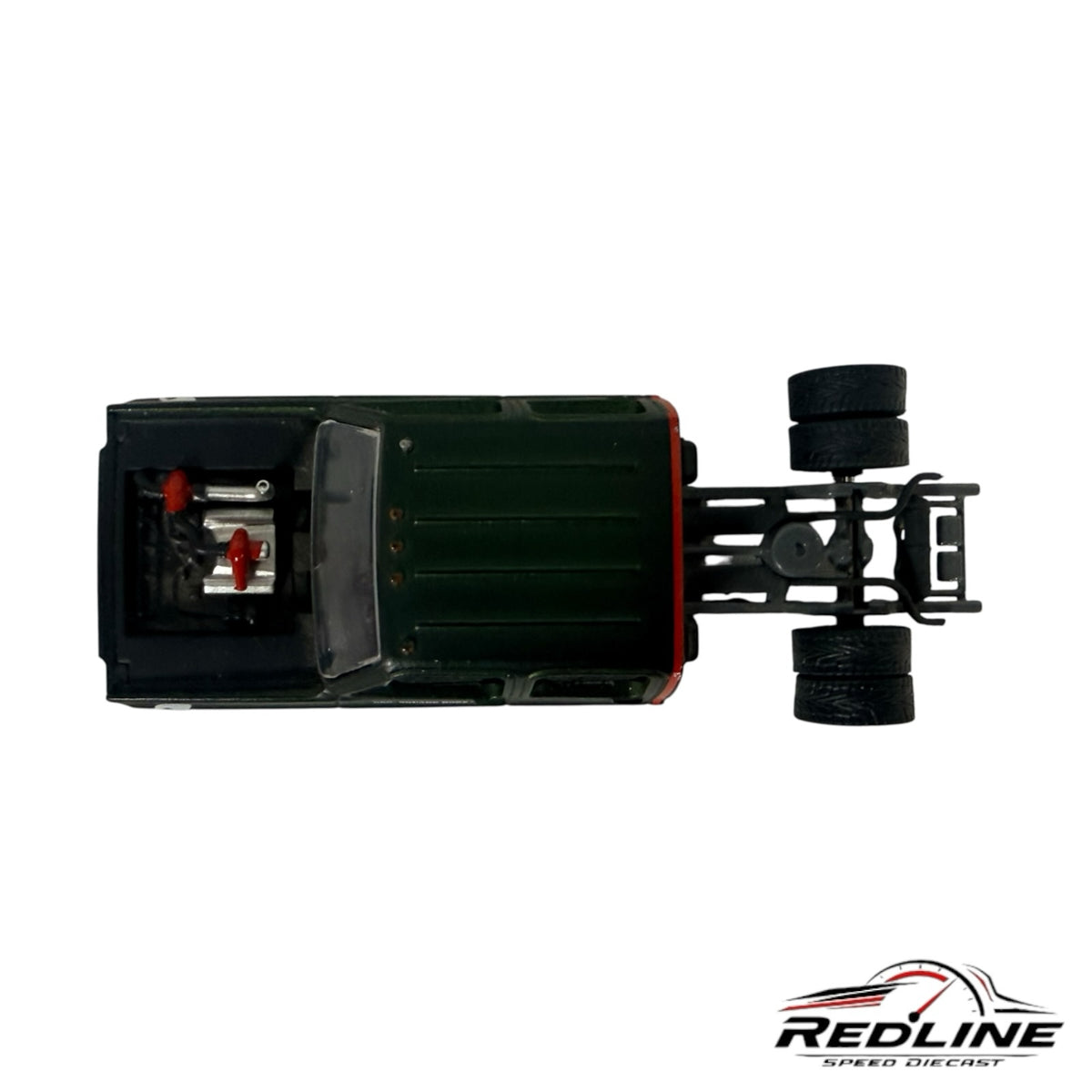 Redline Speed Diecast custom dark green square body pickup truck model with dually rear wheels and exposed engine.