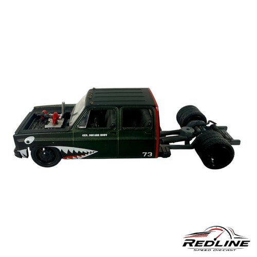 Redline Speed Diecast custom dark green square body pickup truck with shark-mouth graphics and dually rear axle.