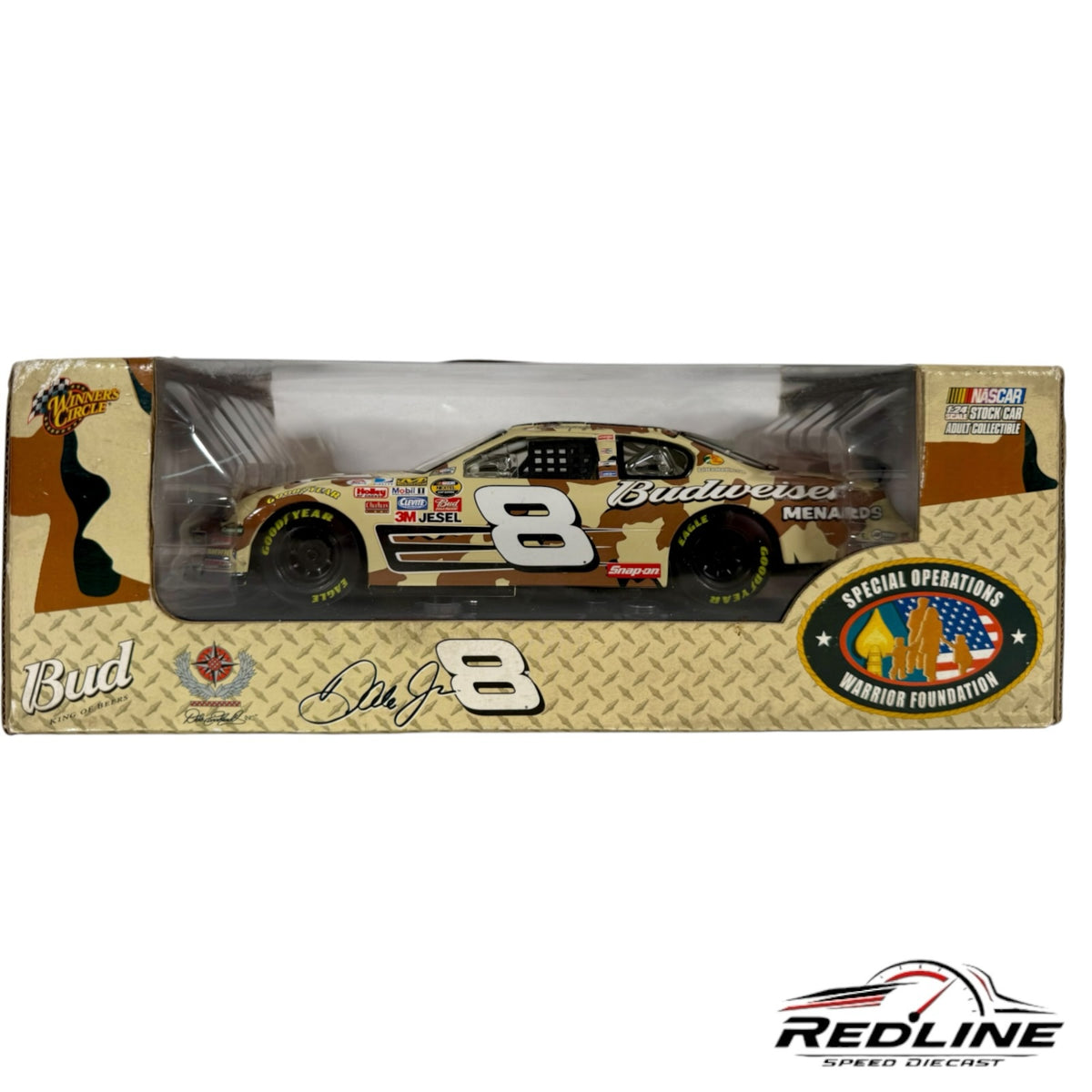 Redline Speed Diecast 1:24 scale Dale Earnhardt Jr No. 8 Budweiser NASCAR model with desert camouflage livery.