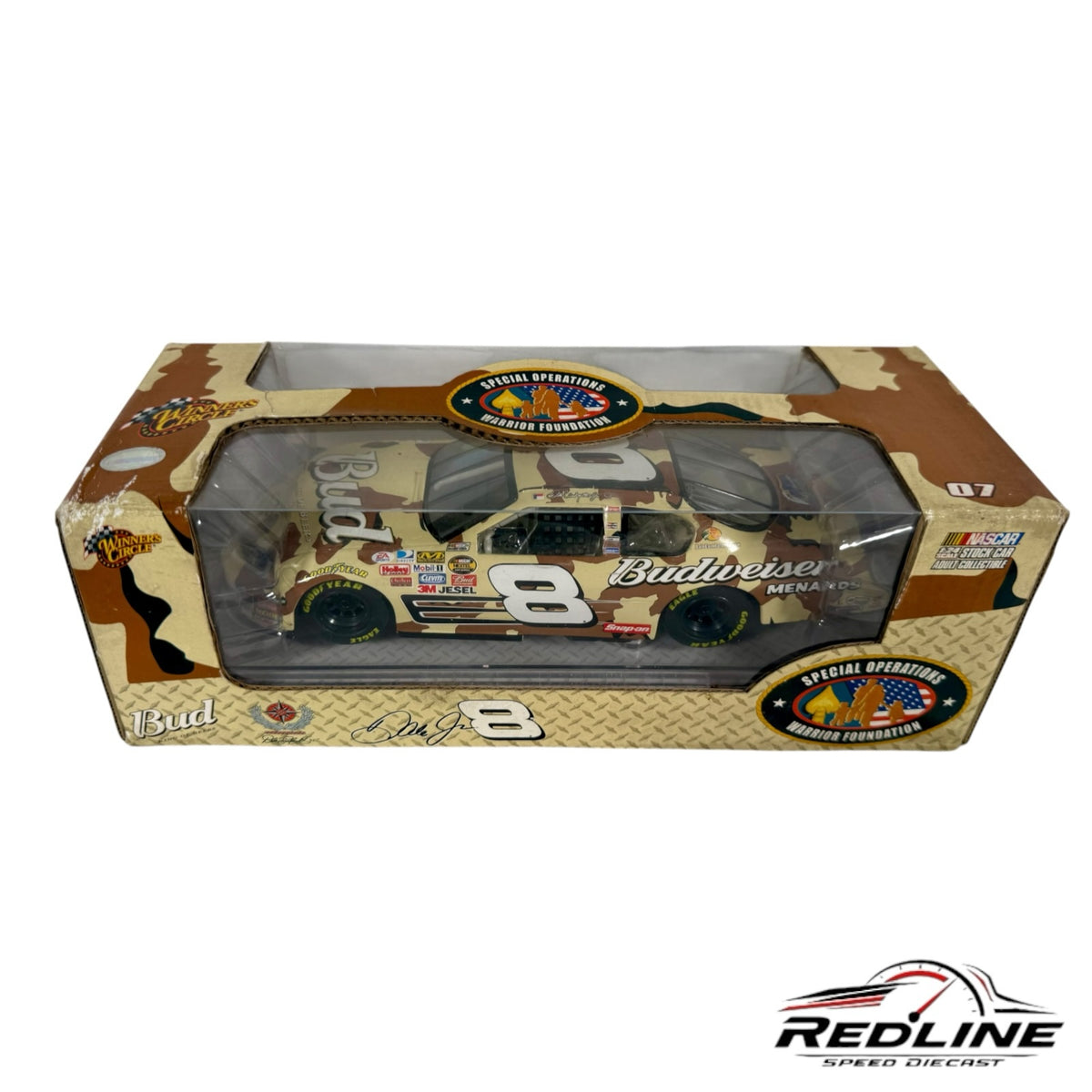 Redline Speed Diecast 1:24 scale Dale Earnhardt Jr. NASCAR stock car in desert camouflage Budweiser livery
