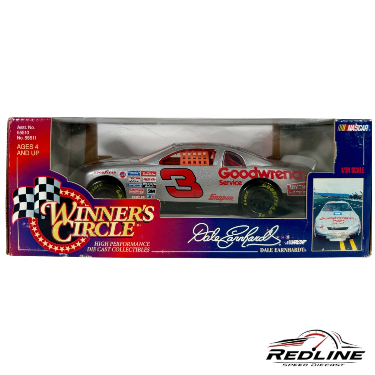 Redline Speed Diecast 1:24 scale silver Dale Earnhardt No. 3 Chevrolet Monte Carlo NASCAR model in collector box