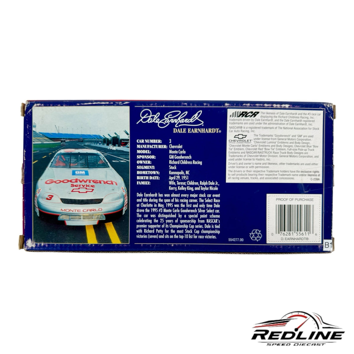 Redline Speed Diecast 1:24 scale Dale Earnhardt No. 3 Chevrolet Monte Carlo silver stock car collector box back view