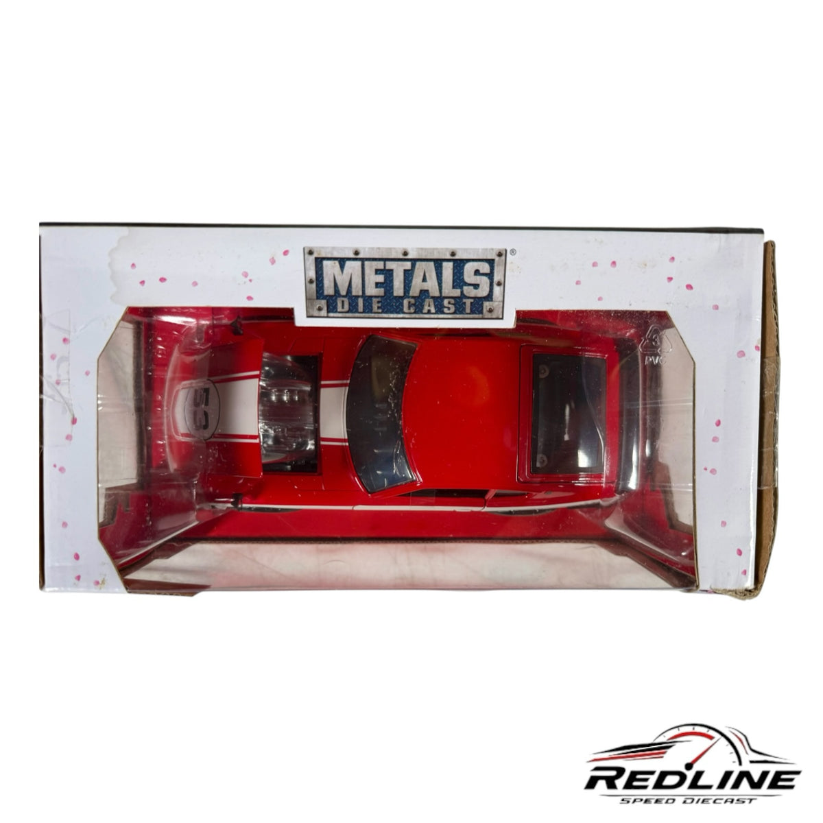 Redline Speed Diecast 1:24 scale 1972 Datsun 240Z model car in red and white racing livery inside packaging