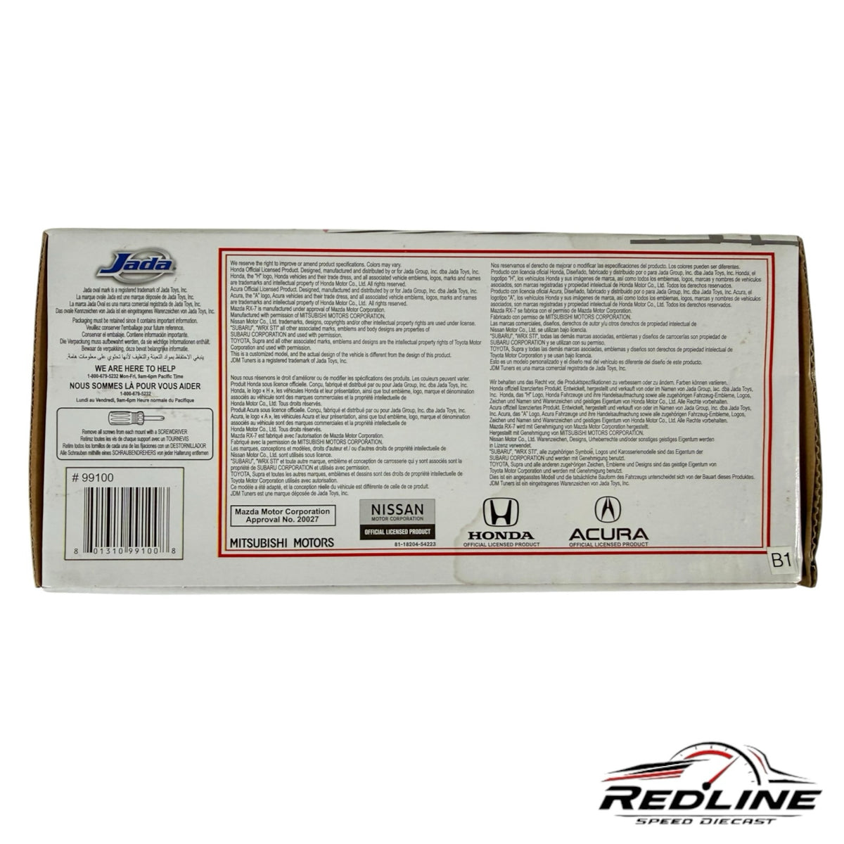 Redline Speed Diecast packaging back panel for Jada Toys 1972 Datsun 240Z model with official licensing information