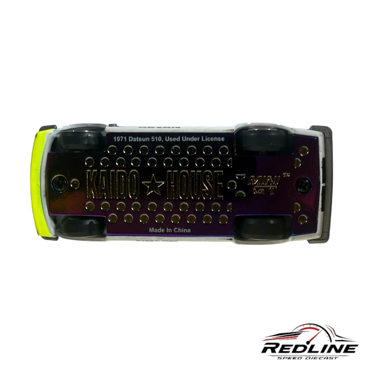 Underside view of Redline Speed Diecast Kaido House Datsun 510 model car showing chassis details and branding