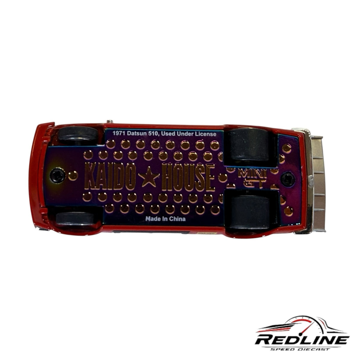 Underside view of Redline Speed Diecast Kaido House Mini GT Datsun 510 model showing metallic purple chassis details