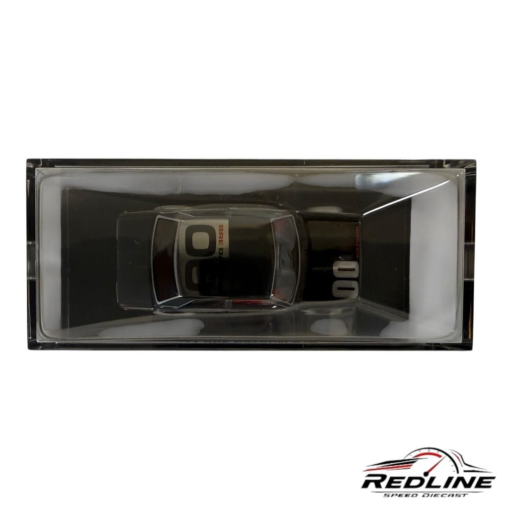 Redline Speed Diecast Hot Wheels 71 BRE Datsun 510 collector edition in an acrylic display case, top-down view.