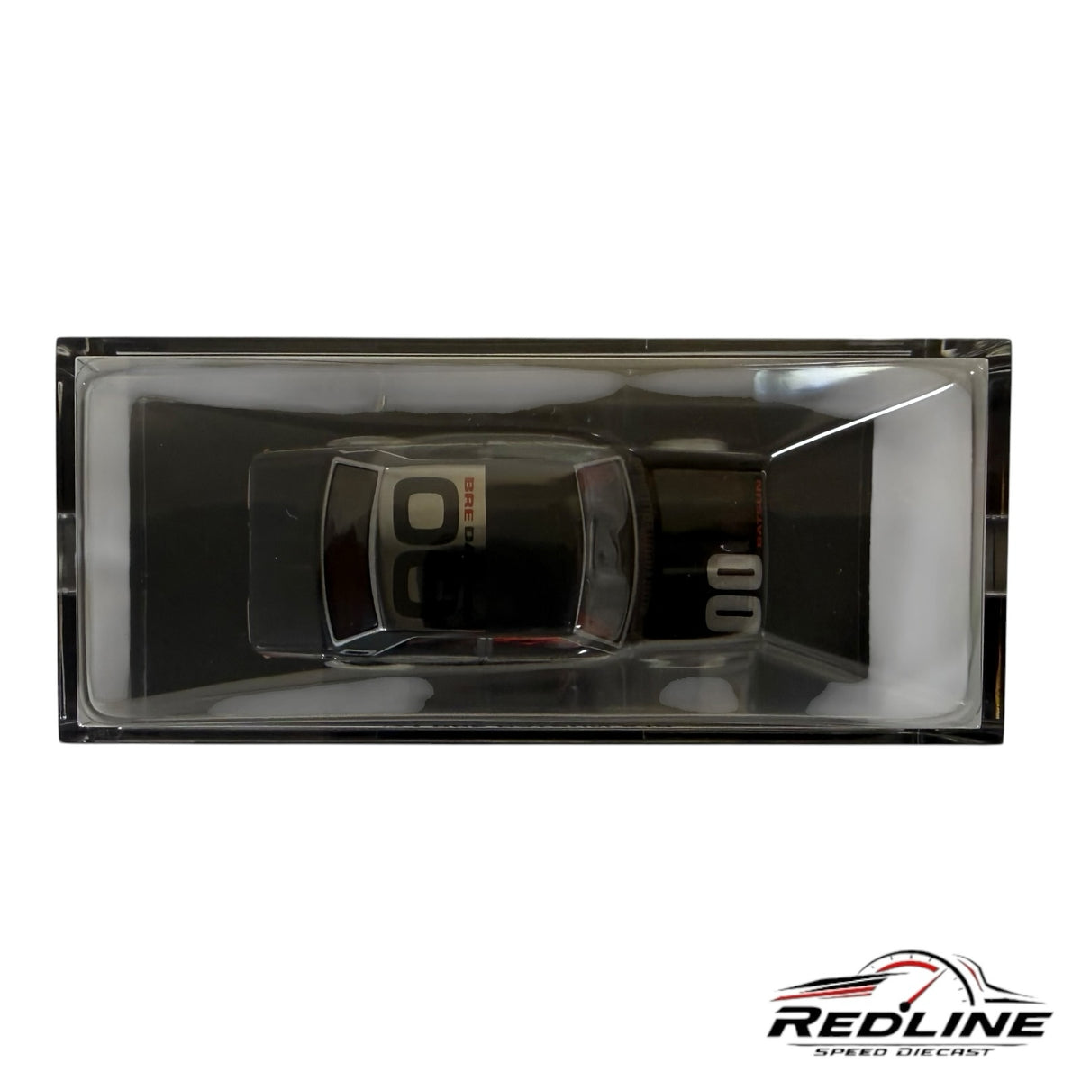 Redline Speed Diecast Hot Wheels 71 BRE Datsun 510 collector edition in an acrylic display case, top-down view.