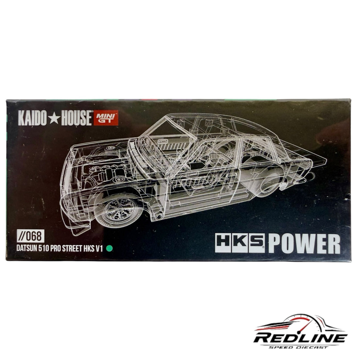 Redline Speed Diecast packaging for Kaido House Mini GT Datsun 510 Pro Street HKS V1 model with wireframe graphic